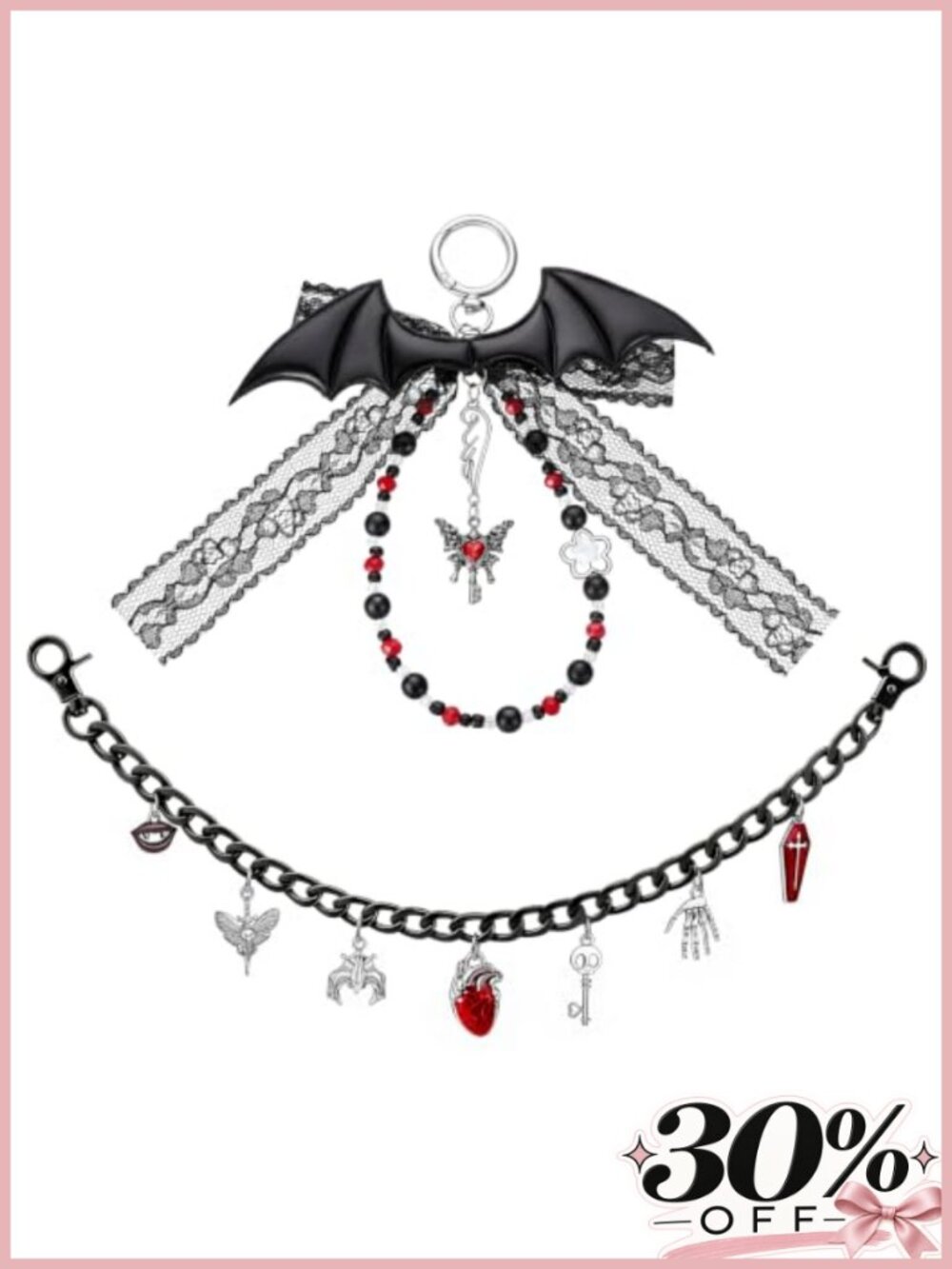 Gothic Y2K Bat Heart Bow Bag Charms Keychain with Chain - Alloy Metal